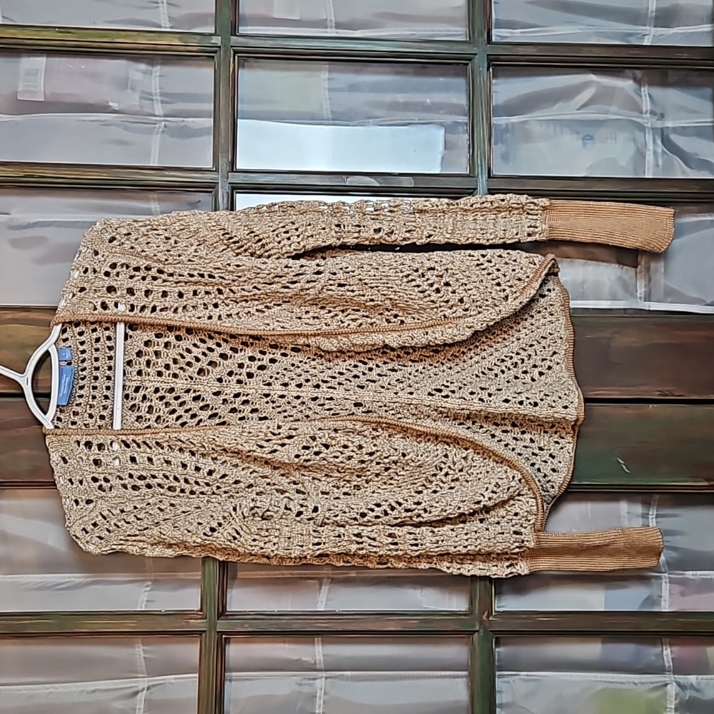 Simply Vera Vera Wang Loose Crochet Knit Open Front Cardigan with Ribbed Sleeves